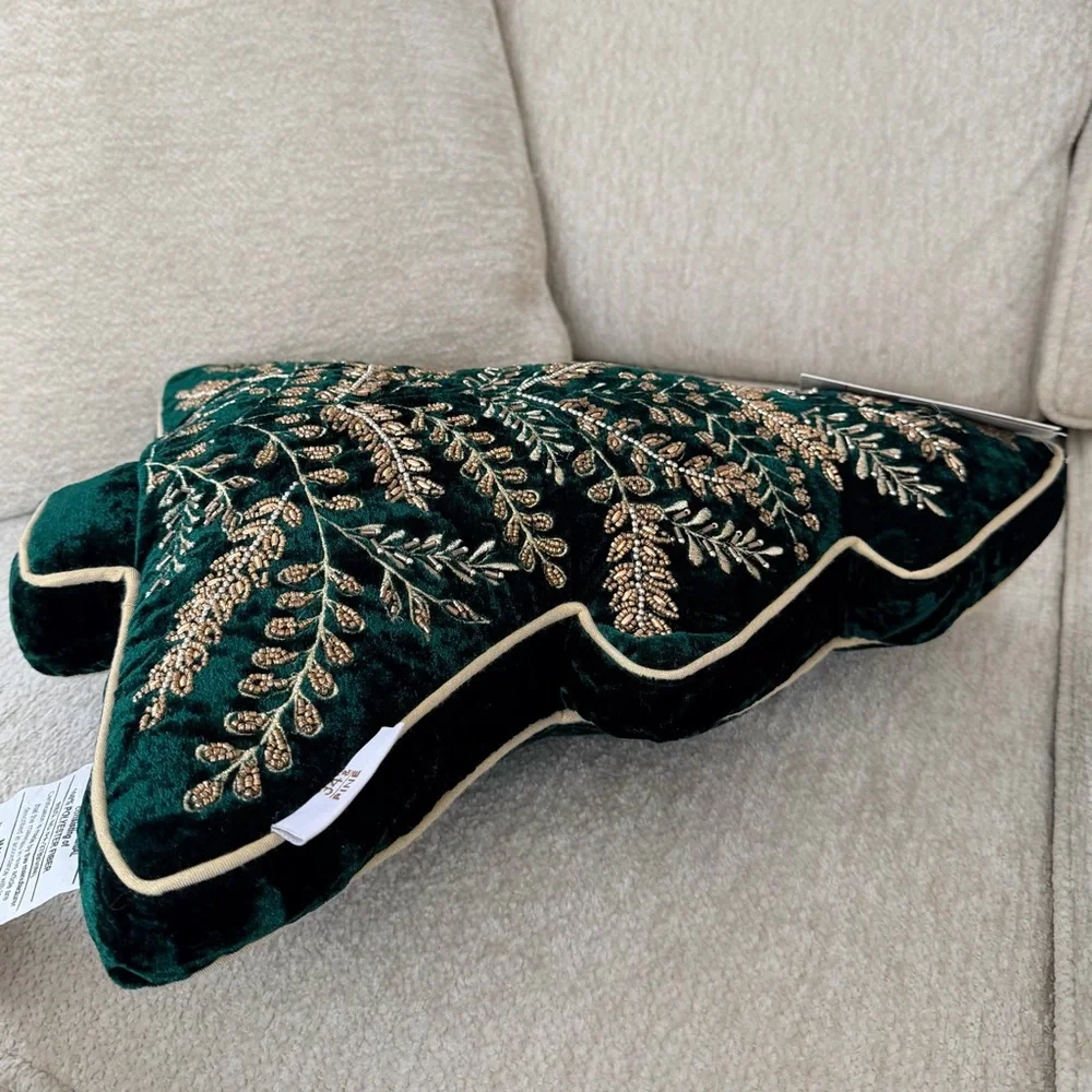34th & Pine Elegant Embroidered Green Velvet Tree Pillow with Gold Accents